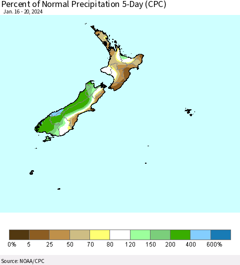 New Zealand Percent of Normal Precipitation 5-Day (CPC) Thematic Map For 1/16/2024 - 1/20/2024