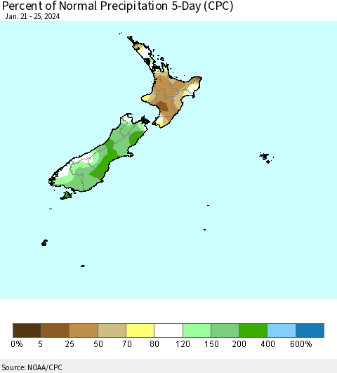 New Zealand Percent of Normal Precipitation 5-Day (CPC) Thematic Map For 1/21/2024 - 1/25/2024