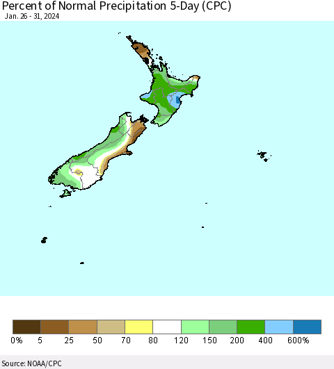 New Zealand Percent of Normal Precipitation 5-Day (CPC) Thematic Map For 1/26/2024 - 1/31/2024