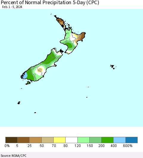 New Zealand Percent of Normal Precipitation 5-Day (CPC) Thematic Map For 2/1/2024 - 2/5/2024