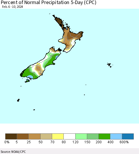 New Zealand Percent of Normal Precipitation 5-Day (CPC) Thematic Map For 2/6/2024 - 2/10/2024