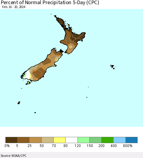 New Zealand Percent of Normal Precipitation 5-Day (CPC) Thematic Map For 2/16/2024 - 2/20/2024