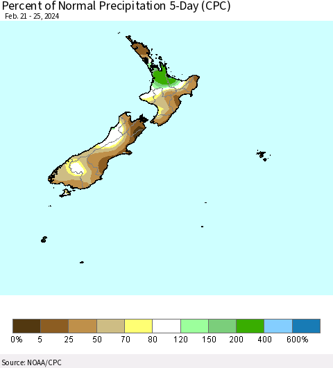 New Zealand Percent of Normal Precipitation 5-Day (CPC) Thematic Map For 2/21/2024 - 2/25/2024