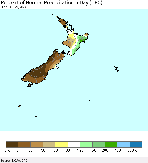 New Zealand Percent of Normal Precipitation 5-Day (CPC) Thematic Map For 2/26/2024 - 2/29/2024