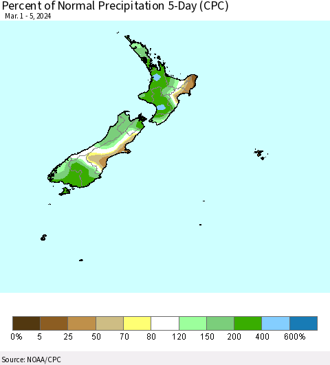 New Zealand Percent of Normal Precipitation 5-Day (CPC) Thematic Map For 3/1/2024 - 3/5/2024