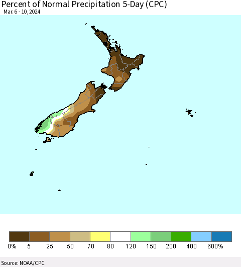 New Zealand Percent of Normal Precipitation 5-Day (CPC) Thematic Map For 3/6/2024 - 3/10/2024