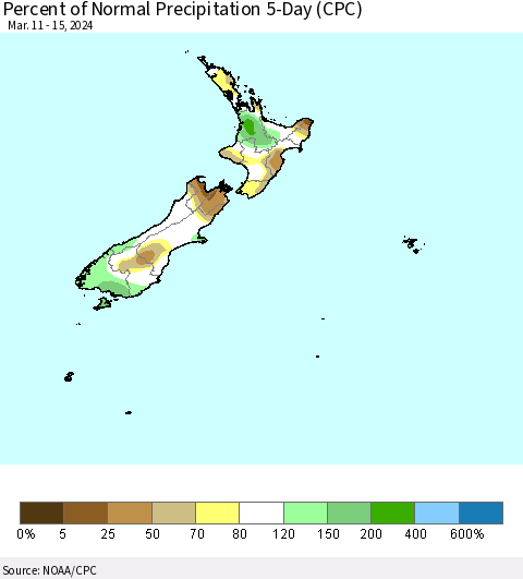 New Zealand Percent of Normal Precipitation 5-Day (CPC) Thematic Map For 3/11/2024 - 3/15/2024