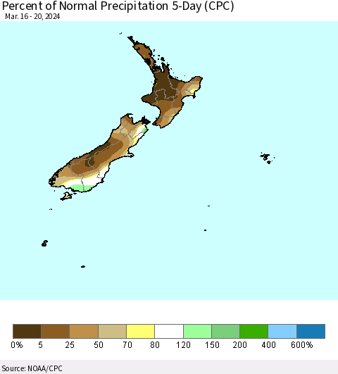 New Zealand Percent of Normal Precipitation 5-Day (CPC) Thematic Map For 3/16/2024 - 3/20/2024
