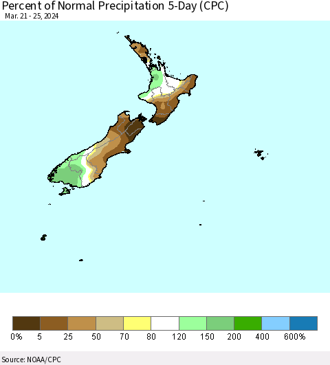New Zealand Percent of Normal Precipitation 5-Day (CPC) Thematic Map For 3/21/2024 - 3/25/2024