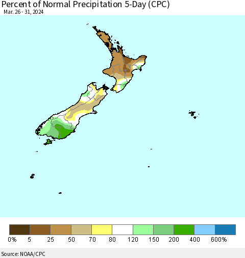 New Zealand Percent of Normal Precipitation 5-Day (CPC) Thematic Map For 3/26/2024 - 3/31/2024