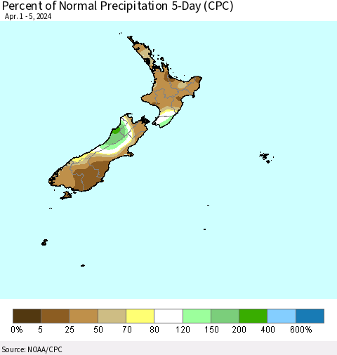 New Zealand Percent of Normal Precipitation 5-Day (CPC) Thematic Map For 4/1/2024 - 4/5/2024