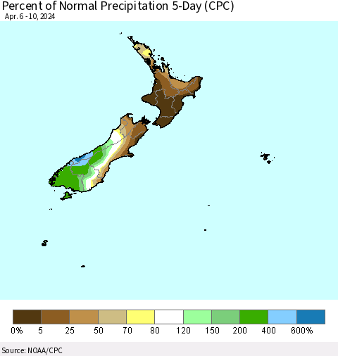 New Zealand Percent of Normal Precipitation 5-Day (CPC) Thematic Map For 4/6/2024 - 4/10/2024