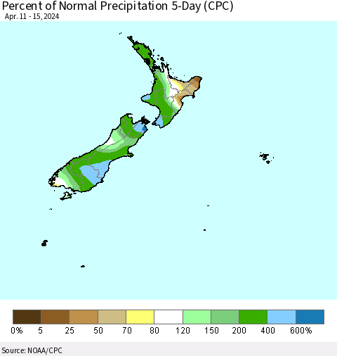 New Zealand Percent of Normal Precipitation 5-Day (CPC) Thematic Map For 4/11/2024 - 4/15/2024