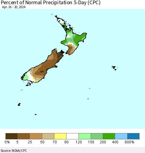 New Zealand Percent of Normal Precipitation 5-Day (CPC) Thematic Map For 4/16/2024 - 4/20/2024