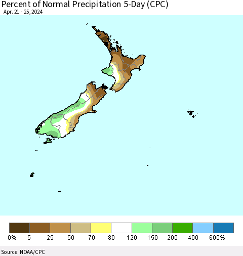 New Zealand Percent of Normal Precipitation 5-Day (CPC) Thematic Map For 4/21/2024 - 4/25/2024