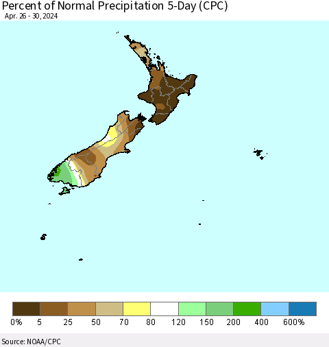 New Zealand Percent of Normal Precipitation 5-Day (CPC) Thematic Map For 4/26/2024 - 4/30/2024