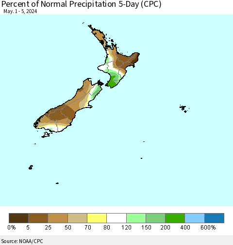 New Zealand Percent of Normal Precipitation 5-Day (CPC) Thematic Map For 5/1/2024 - 5/5/2024