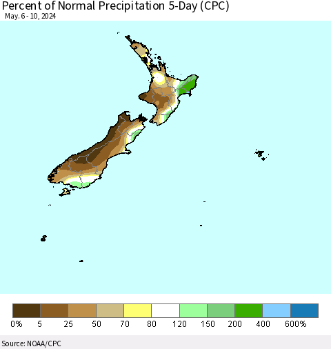 New Zealand Percent of Normal Precipitation 5-Day (CPC) Thematic Map For 5/6/2024 - 5/10/2024
