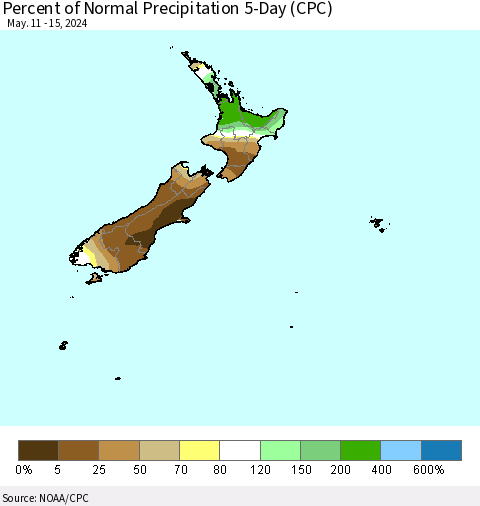 New Zealand Percent of Normal Precipitation 5-Day (CPC) Thematic Map For 5/11/2024 - 5/15/2024