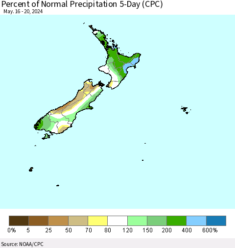New Zealand Percent of Normal Precipitation 5-Day (CPC) Thematic Map For 5/16/2024 - 5/20/2024