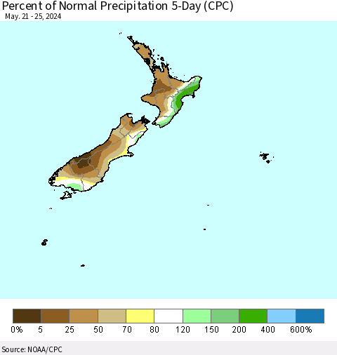 New Zealand Percent of Normal Precipitation 5-Day (CPC) Thematic Map For 5/21/2024 - 5/25/2024