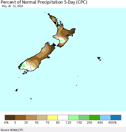 New Zealand Percent of Normal Precipitation 5-Day (CPC) Thematic Map For 5/26/2024 - 5/31/2024
