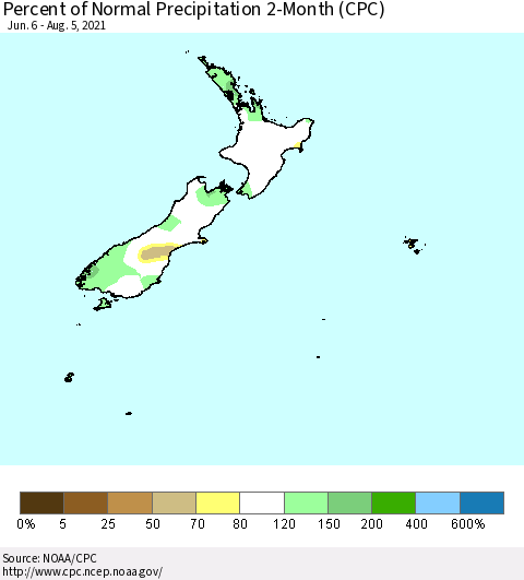New Zealand Percent of Normal Precipitation 2-Month (CPC) Thematic Map For 6/6/2021 - 8/5/2021