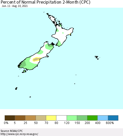 New Zealand Percent of Normal Precipitation 2-Month (CPC) Thematic Map For 6/11/2021 - 8/10/2021