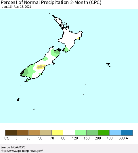 New Zealand Percent of Normal Precipitation 2-Month (CPC) Thematic Map For 6/16/2021 - 8/15/2021