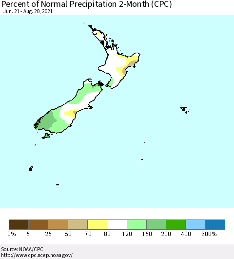 New Zealand Percent of Normal Precipitation 2-Month (CPC) Thematic Map For 6/21/2021 - 8/20/2021