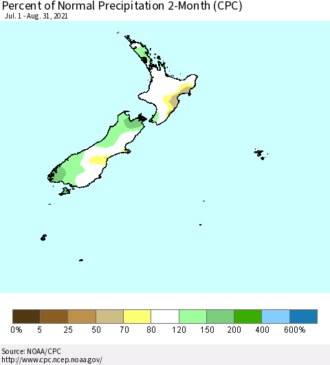 New Zealand Percent of Normal Precipitation 2-Month (CPC) Thematic Map For 7/1/2021 - 8/31/2021