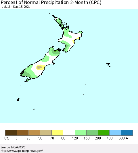 New Zealand Percent of Normal Precipitation 2-Month (CPC) Thematic Map For 7/16/2021 - 9/15/2021