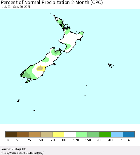 New Zealand Percent of Normal Precipitation 2-Month (CPC) Thematic Map For 7/21/2021 - 9/20/2021