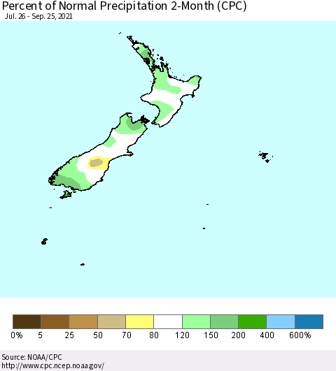 New Zealand Percent of Normal Precipitation 2-Month (CPC) Thematic Map For 7/26/2021 - 9/25/2021