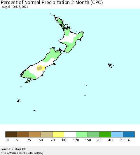 New Zealand Percent of Normal Precipitation 2-Month (CPC) Thematic Map For 8/6/2021 - 10/5/2021