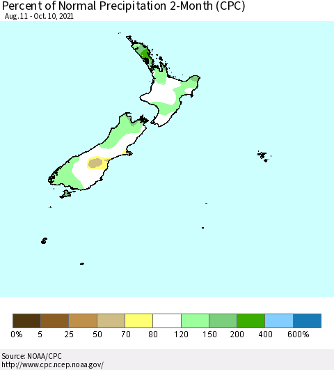 New Zealand Percent of Normal Precipitation 2-Month (CPC) Thematic Map For 8/11/2021 - 10/10/2021