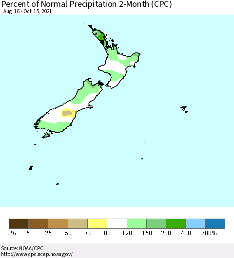 New Zealand Percent of Normal Precipitation 2-Month (CPC) Thematic Map For 8/16/2021 - 10/15/2021