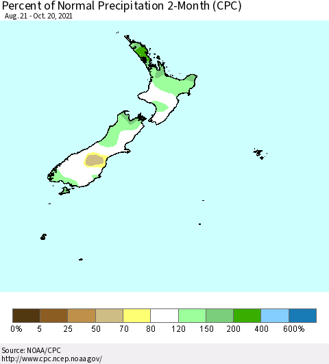 New Zealand Percent of Normal Precipitation 2-Month (CPC) Thematic Map For 8/21/2021 - 10/20/2021