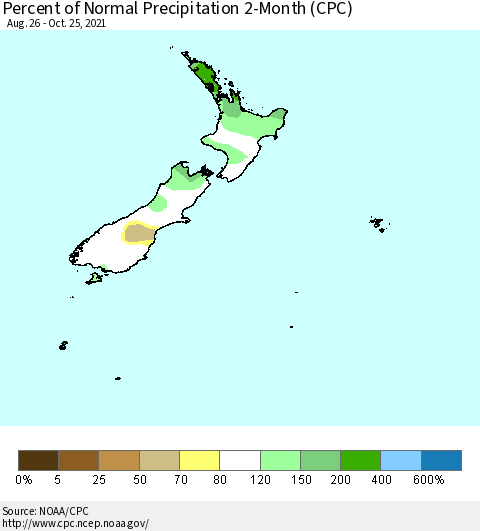 New Zealand Percent of Normal Precipitation 2-Month (CPC) Thematic Map For 8/26/2021 - 10/25/2021