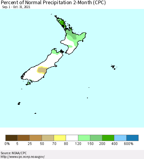 New Zealand Percent of Normal Precipitation 2-Month (CPC) Thematic Map For 9/1/2021 - 10/31/2021