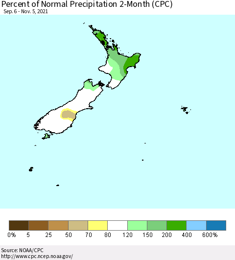 New Zealand Percent of Normal Precipitation 2-Month (CPC) Thematic Map For 9/6/2021 - 11/5/2021