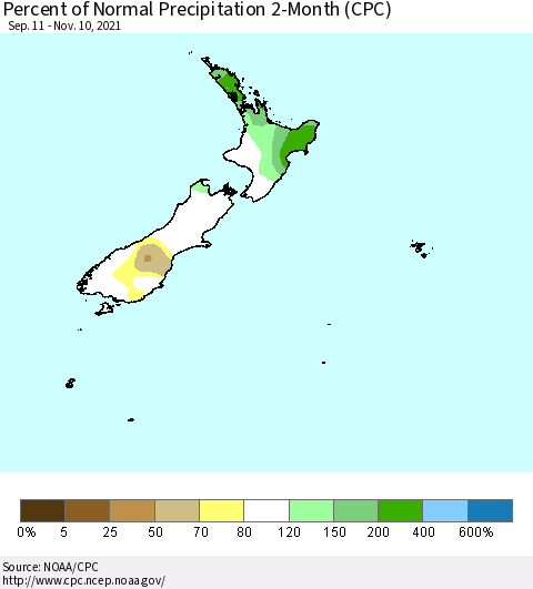New Zealand Percent of Normal Precipitation 2-Month (CPC) Thematic Map For 9/11/2021 - 11/10/2021