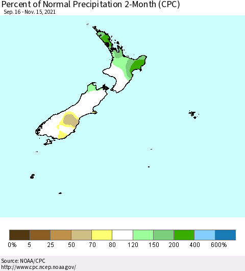 New Zealand Percent of Normal Precipitation 2-Month (CPC) Thematic Map For 9/16/2021 - 11/15/2021