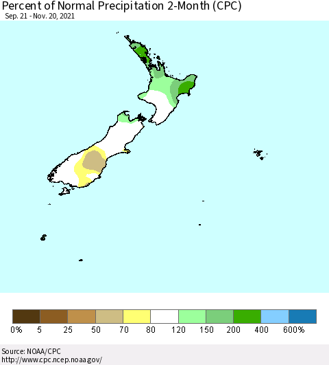 New Zealand Percent of Normal Precipitation 2-Month (CPC) Thematic Map For 9/21/2021 - 11/20/2021