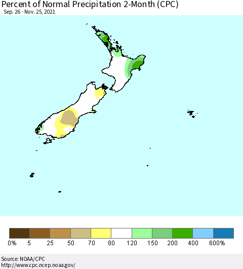 New Zealand Percent of Normal Precipitation 2-Month (CPC) Thematic Map For 9/26/2021 - 11/25/2021