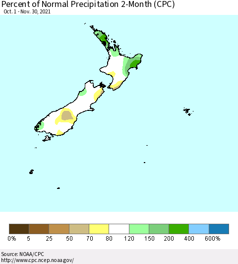 New Zealand Percent of Normal Precipitation 2-Month (CPC) Thematic Map For 10/1/2021 - 11/30/2021