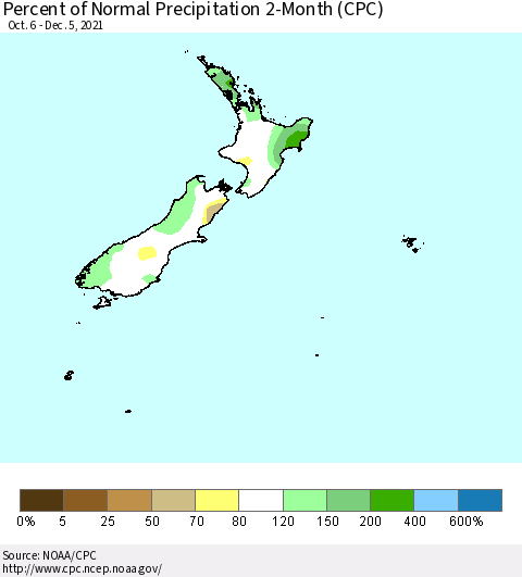 New Zealand Percent of Normal Precipitation 2-Month (CPC) Thematic Map For 10/6/2021 - 12/5/2021