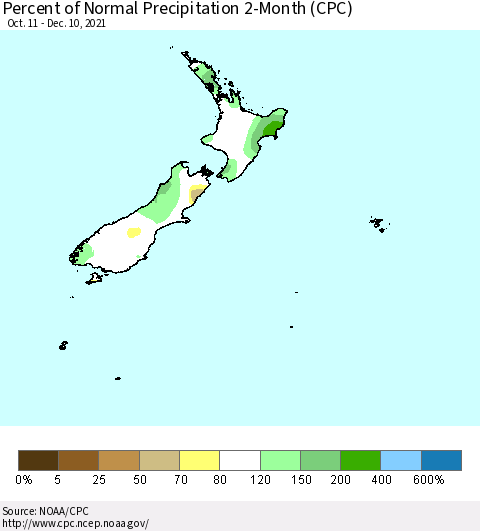 New Zealand Percent of Normal Precipitation 2-Month (CPC) Thematic Map For 10/11/2021 - 12/10/2021