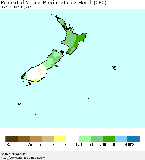New Zealand Percent of Normal Precipitation 2-Month (CPC) Thematic Map For 10/16/2021 - 12/15/2021