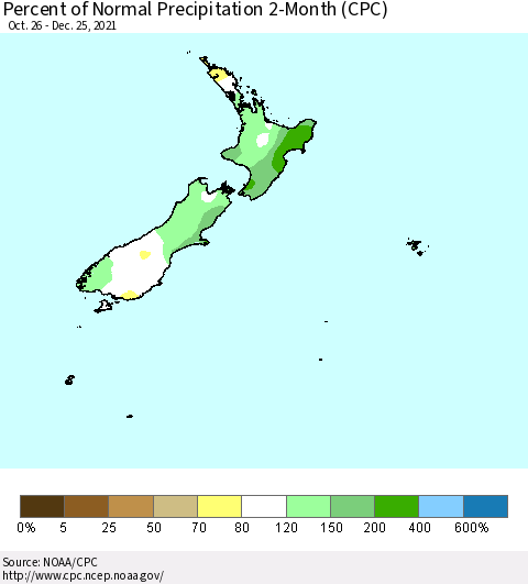 New Zealand Percent of Normal Precipitation 2-Month (CPC) Thematic Map For 10/26/2021 - 12/25/2021